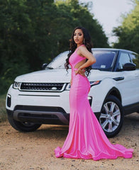 Backless Fuchsia Mermaid Satin Deep V-neck Prom Dress
