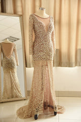 Trumpet Mermaid Scoop Champagne Tulle Beading Luxury Prom Dress