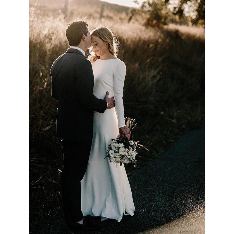 Sheath Column Jewel Long Sleeves Ruffles Elastic Woven Satin Wedding Dress