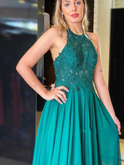 Green Halter Backless Chiffon Appliques Prom Formal Dress