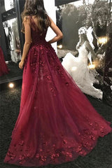 Burgundy V Neck Removeable Train Lace Prom Dress