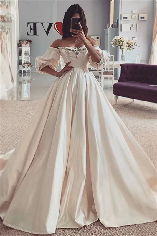 Satin Short Sleeve Beads Off The Shoulder Ball Gown Wedding Dress