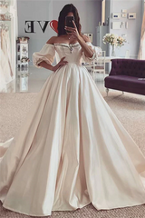 Satin Short Sleeve Beads Off The Shoulder Ball Gown Wedding Dress