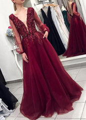 Tulle V-neck Beading Burgundy Long Sleeves A-line Evening/Prom Dress