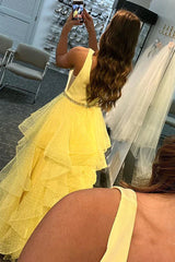 Daffodil V Neck Beading Ruffles A Line Prom Dress