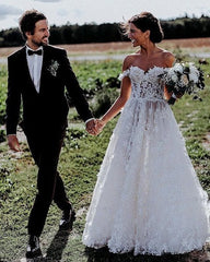 Off the Shoulder Long Flower A-line Tulle Appliques Wedding Dress