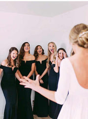 Black Stretch Mermaid Off-the-Shoulder Satin Bridesmaid Dress