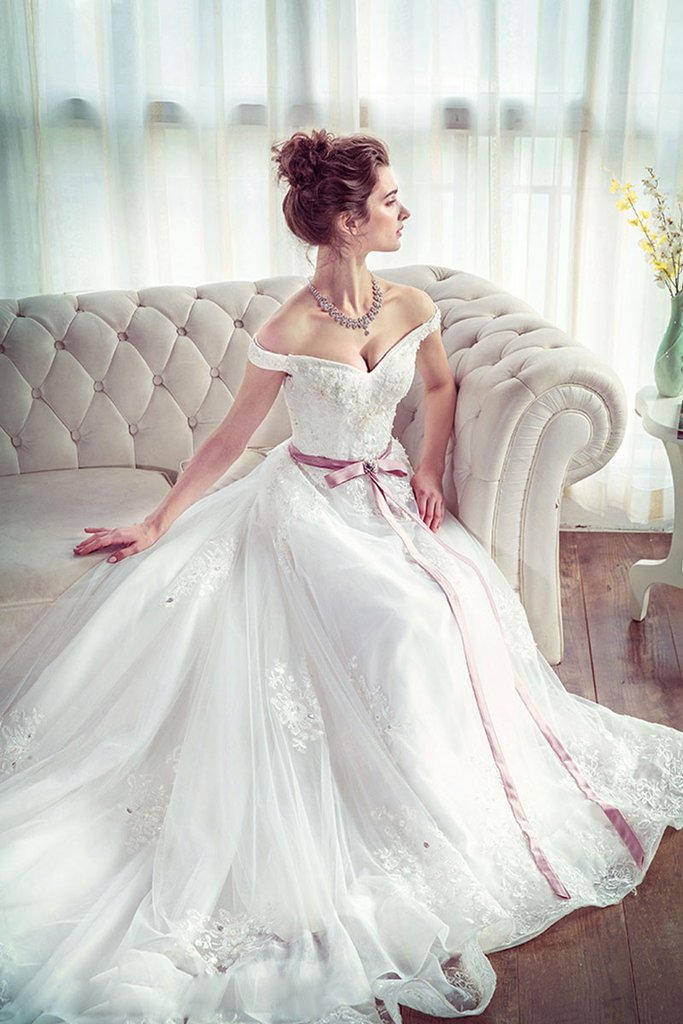 Lace Long Unique White Off The Shoulder Wedding Dress With Belt