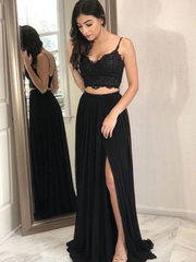 Lace A-Line Black Spaghetti Straps Two Piece Chiffon Prom Dress