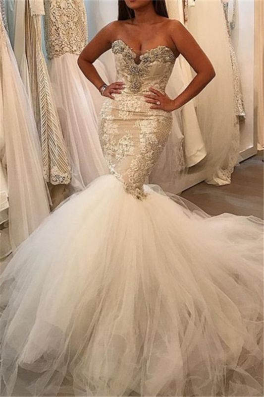 Appliques Lace Sweetheart Crystal Mermaid Tulle Sexy Wedding Dress