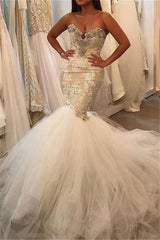 Appliques Lace Sweetheart Crystal Mermaid Tulle Sexy Wedding Dress