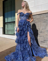 Off The Shoulder  Lavender Tiered A-Line Prom Dress With Split