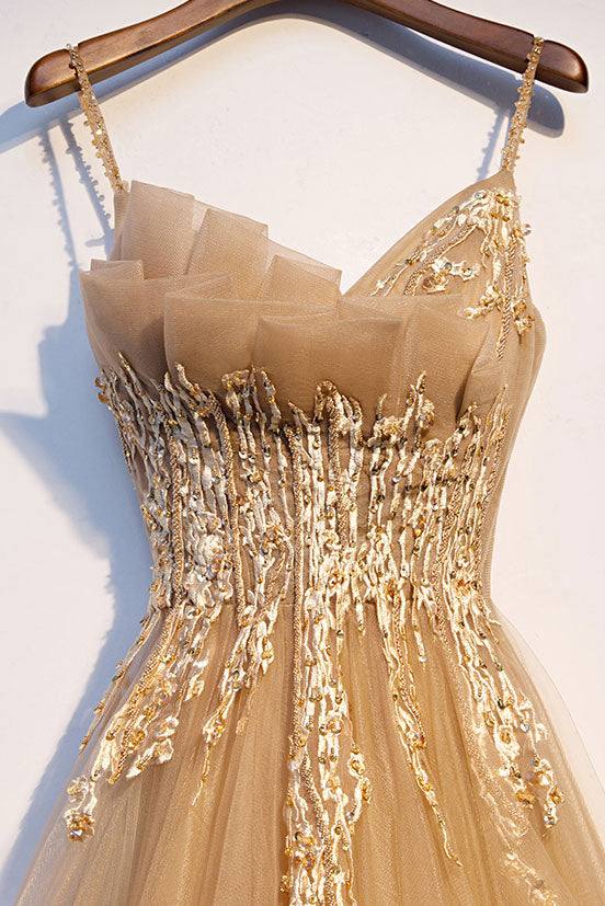 Champagne tulle lace long prom dress champagne formal dress - RongMoon