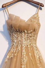 Champagne tulle lace long prom dress champagne formal dress - RongMoon