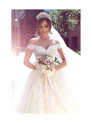 White Off Shoulder Ball Gown Lace Applique Bridal Wedding Dress