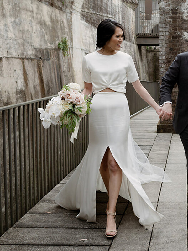 Simple Round Neck Short Sleeve Slit Long Wedding Dresses Evening Dresses.DB10713