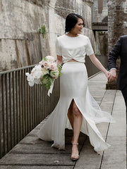 Simple Round Neck Short Sleeve Slit Long Wedding Dresses Evening Dresses.DB10713