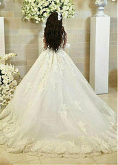 Lace Appliques Tulle Bateau Long Sleeve Ball Gown Wedding Dress