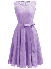 Pink Floral Lace Dress Short Bridesmaid Dresses with Sheer Neckline