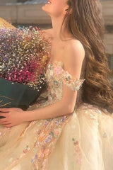 Off The Shoulder Flower Colorful Tulle Romantic Ball Gown Wedding Dress
