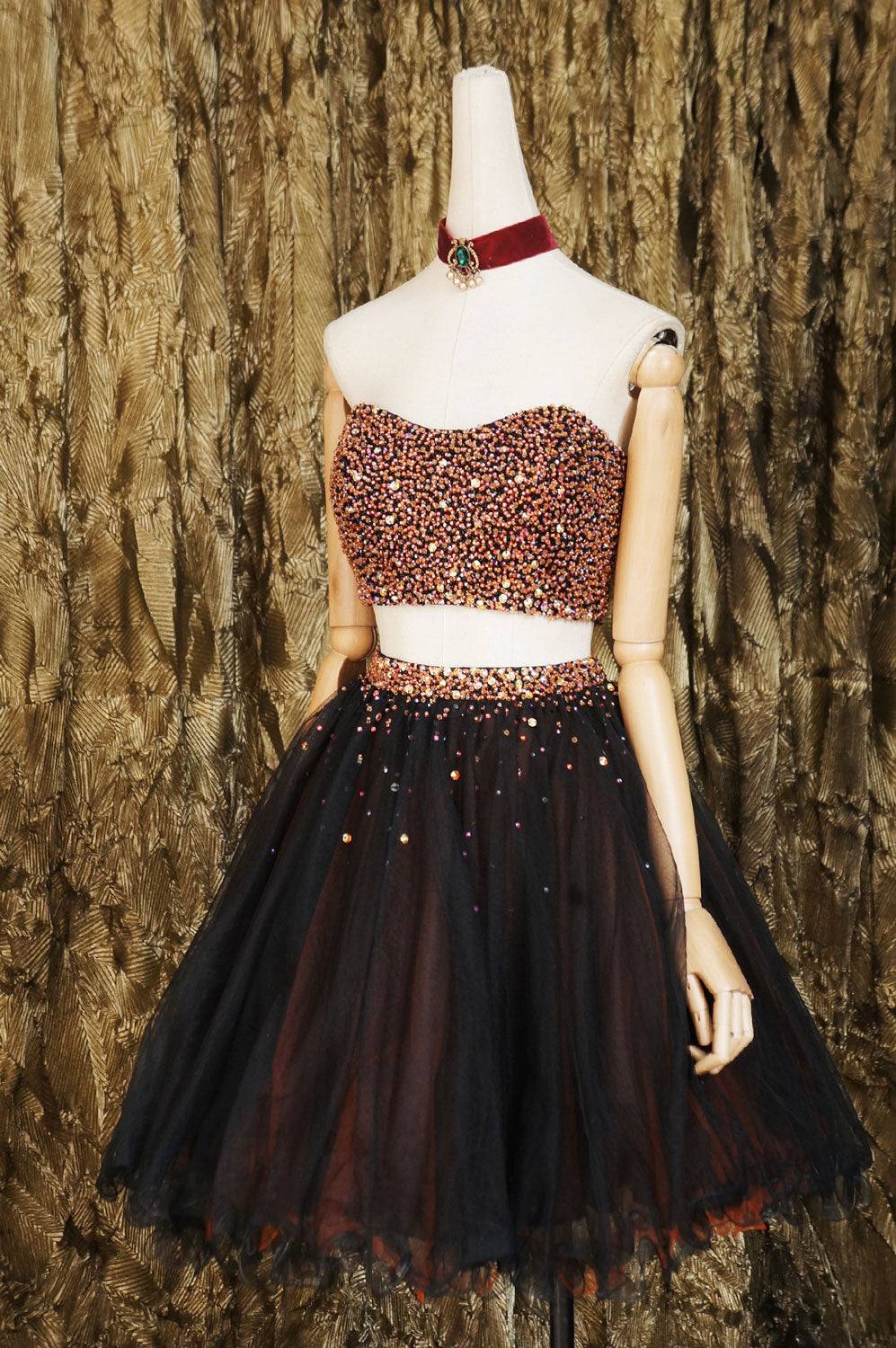Black two pieces beads tulle short prom dress black homecoming dress - RongMoon