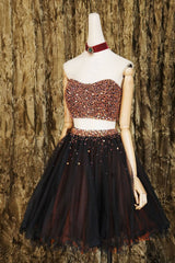 Black two pieces beads tulle short prom dress black homecoming dress - RongMoon