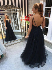 Tulle Double Straps Beading A-Line Black Backless Prom Dress