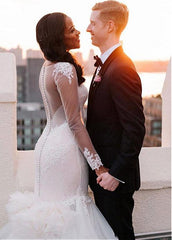 Long Sleeves Tulle Bateau Mermaid Wedding Dress With Lace Appliques