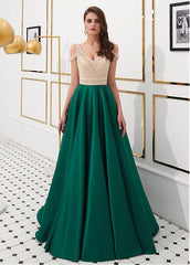 Satin V-neck Green Beading Floor-length A-line Prom Dress