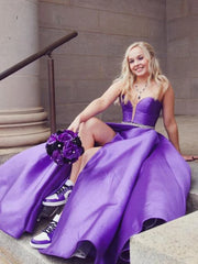 V Neck Purple Satin Slit Prom Dress with Belt