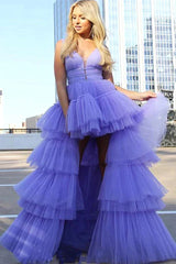 Lilac Tulle Sleeves Beading V Neck Prom Dress