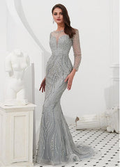 Tulle Jewel Silver Beading Mermaid Evening Dress