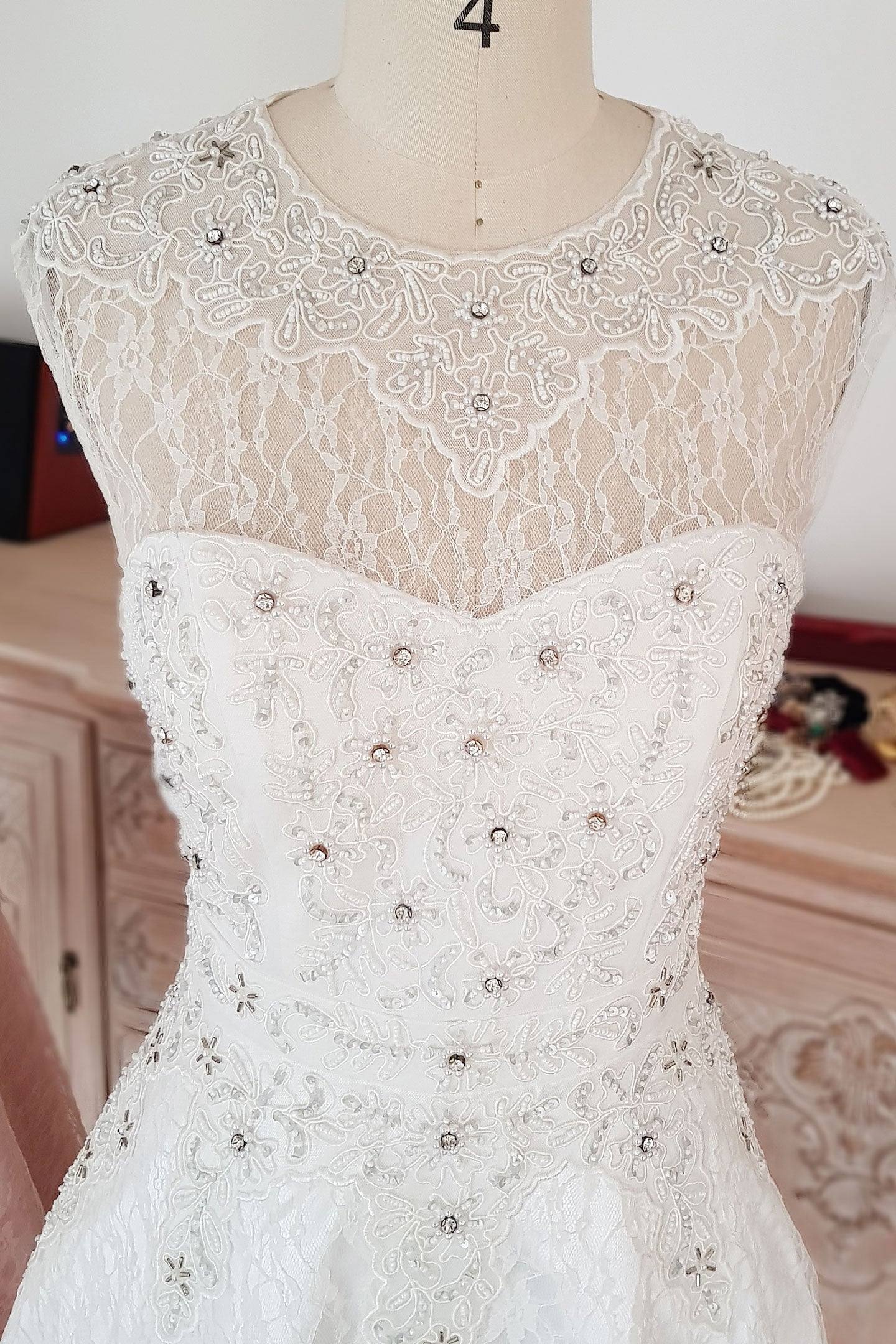 Cute round neck tulle lace short prom dress lace bridesmaid dress - RongMoon