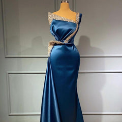 Royal Blue One Shoulder Beading Satin Long Trumpet Mermaid Prom Dress