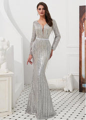 Sequin Lace V-neck Silver Long Mermaid Evening Dress