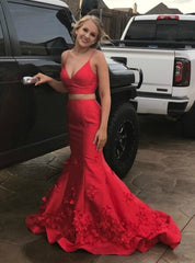 Spaghetti Straps 3D Red Mermaid Two Piece Satin Flower Prom Dress