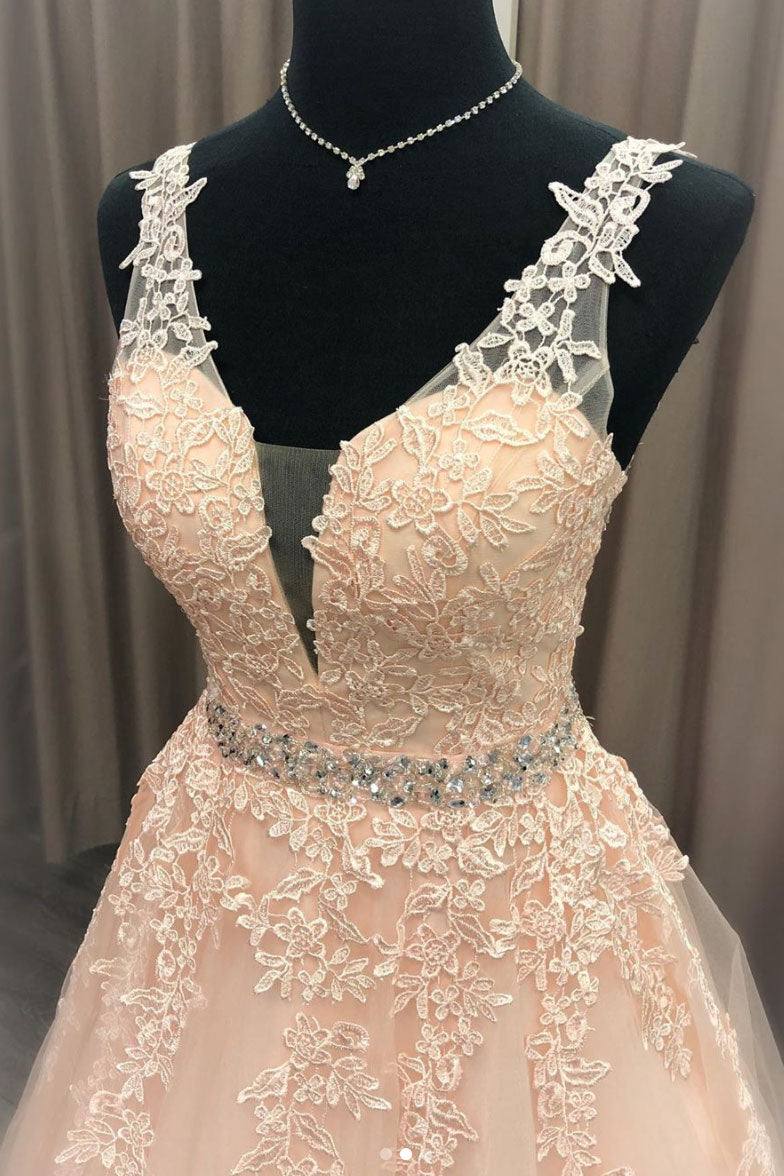 Pink v neck tulle lace long prom dress pink evening dress - RongMoon
