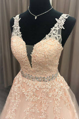 Pink v neck tulle lace long prom dress pink evening dress - RongMoon