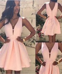 Pink v neck short prom dress, cute homecoming dress - RongMoon