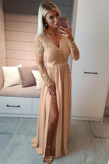 Cheap Black Lace V-neck Long Sleeve Appliques Prom Dress With Slit