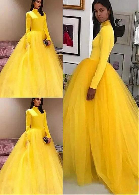 Long Sleeves Tulle & Satin High Collar Ball Gown Evening Dresses
