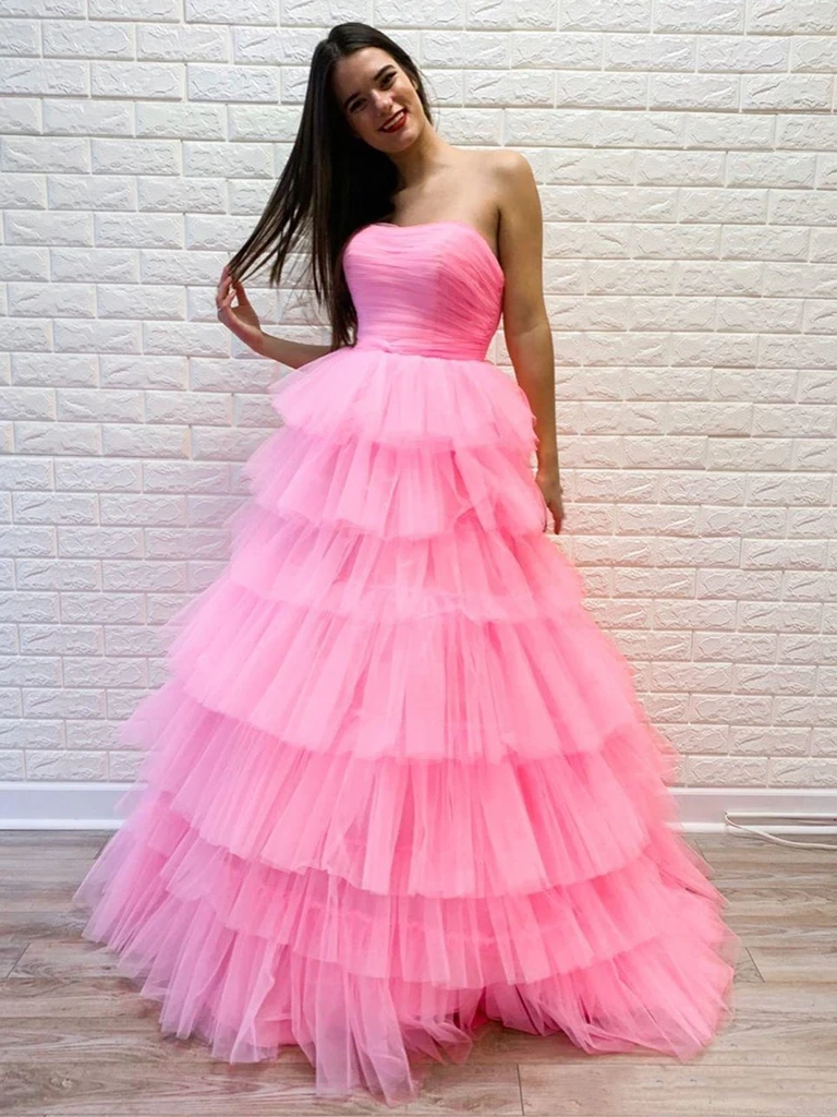 Pink Long Tulle Formal Strapless Layered Prom Dress
