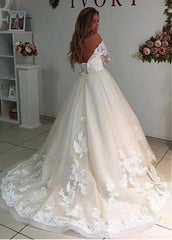 Tulle V-neck Lace Appliques Long Sleeves A-line Wedding Dress