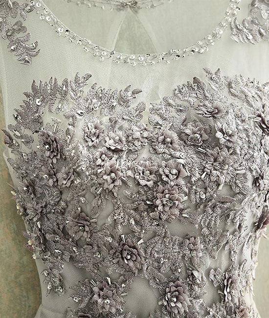 Gray round neck tulle lace long prom dress, gray evening dress - RongMoon