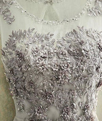 Gray round neck tulle lace long prom dress, gray evening dress - RongMoon