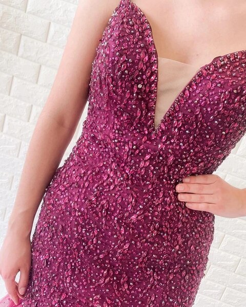 Purple Mermaid Backless Tulle Spaghetti Straps Beading Prom Dress