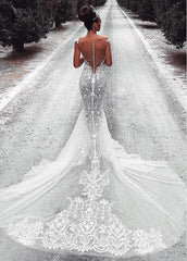 Lace Appliques See-through Tulle Sweetheart Mermaid Wedding Dress