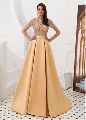 Tulle & Satin High Collar Gold  A-line Prom Dress