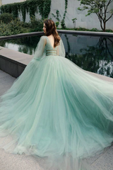 Long Sleeves V Neck Mint Tulle Beading Prom Dress