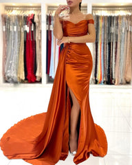 Orange Off The Shoulder Trumpet Mermaid Ruched Satin Prom Dress